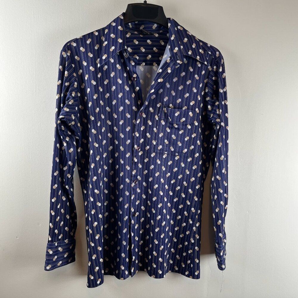 Mens Vintage Joel 70's button down Navy printed Shirt Medium